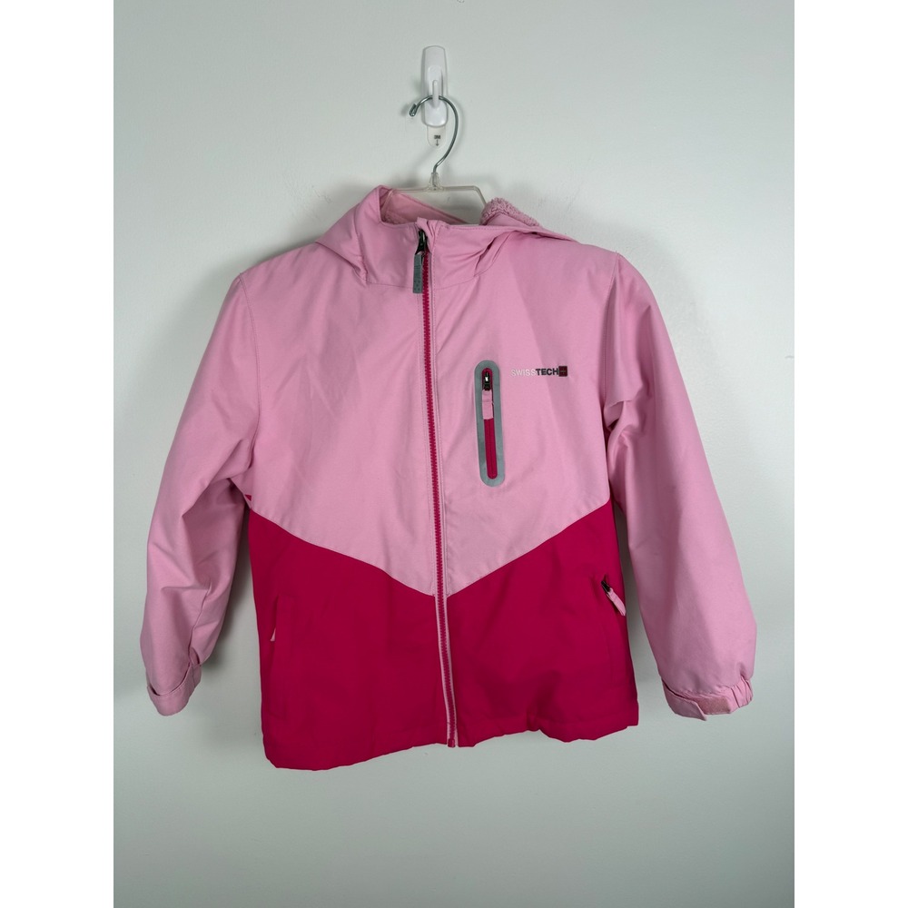 Swiss Tech Girls Pink Colorblock Hooded Fleece Lined Puffer Jacket Size S 6-6X